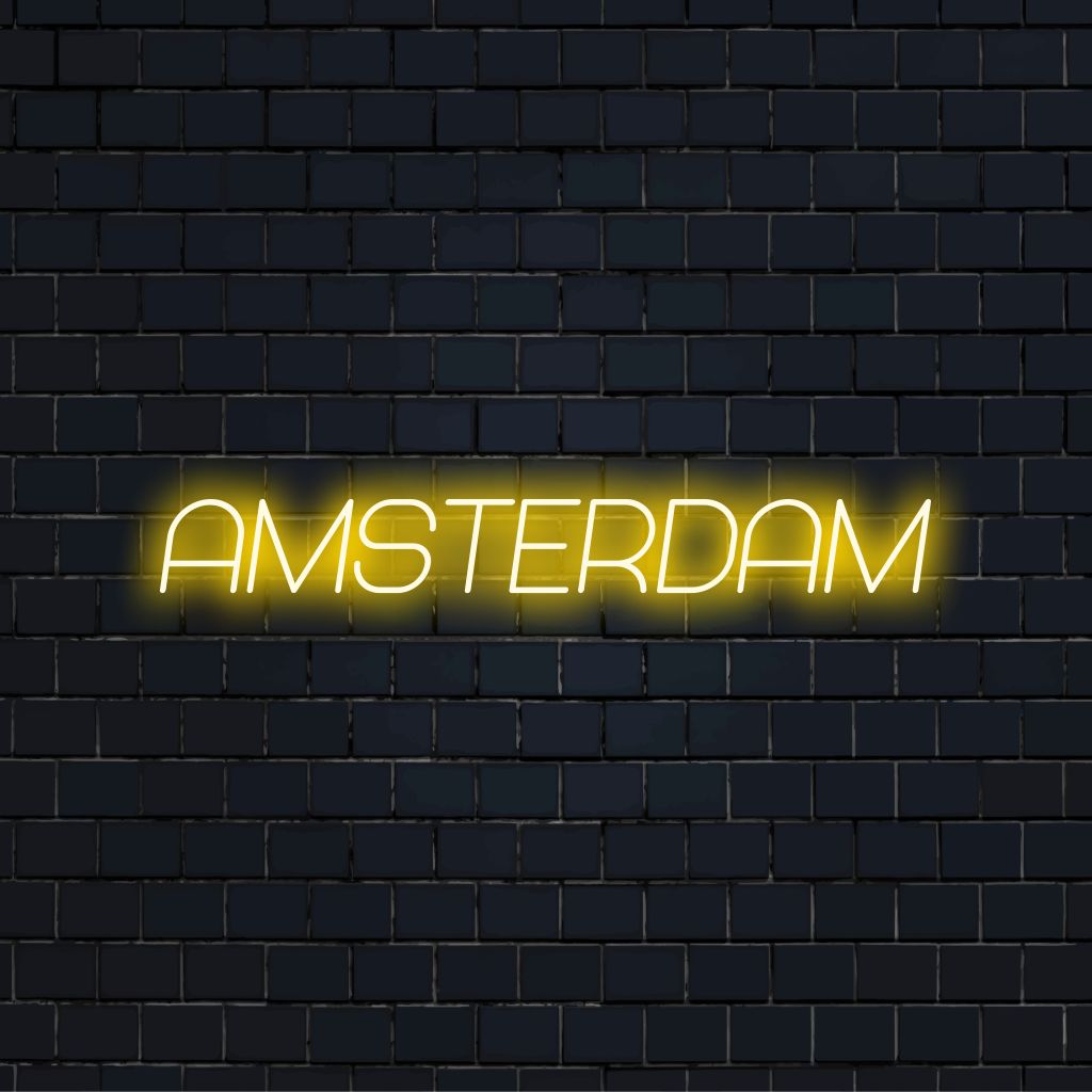 Amsterdam Neon Sign, neon text light on dark brick background