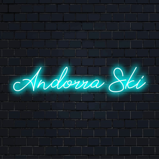 Andorra Ski LED Neon Sign, glowing wall decor on dark brick background
