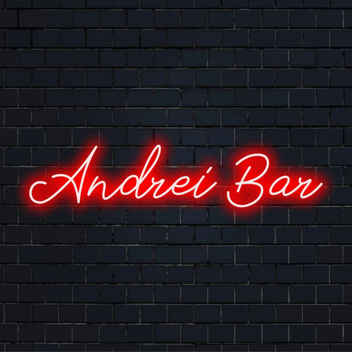 Andrei Bar Custom Name Neon Sign, glowing lettering on dark brick background