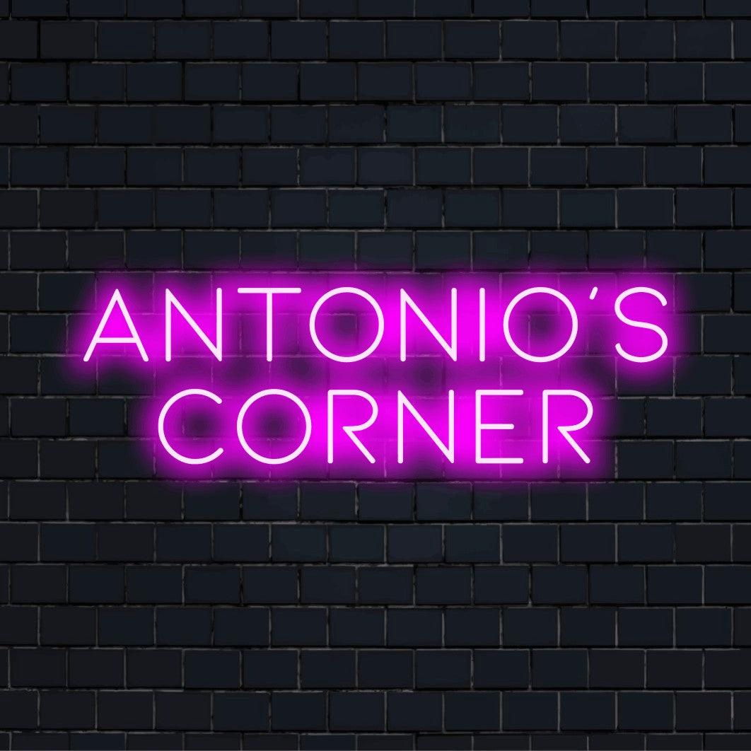 Antonio_s Corner Custom Name Neon Sign, bright neon lettering on dark brick wall