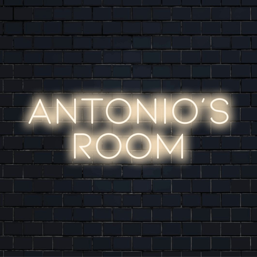 Antonio_s Room Custom Name Neon Sign, soft neon glow on dark brick background