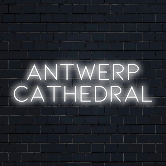 Antwerp Cathedral Neon Light with bright neon glow on dark brick wall
