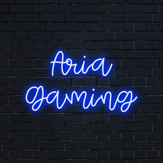 Aria Gaming Custom Name Neon Sign, bright LED glow on black brick background