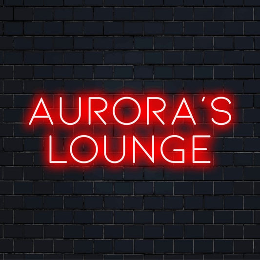 Aurora_s Lounge Custom Name Neon Sign, soft neon glow on black brick background