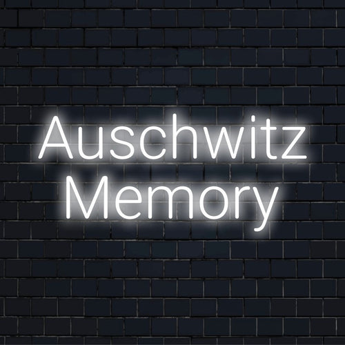 Auschwitz Memory Neon Light with bright neon glow on dark brick background