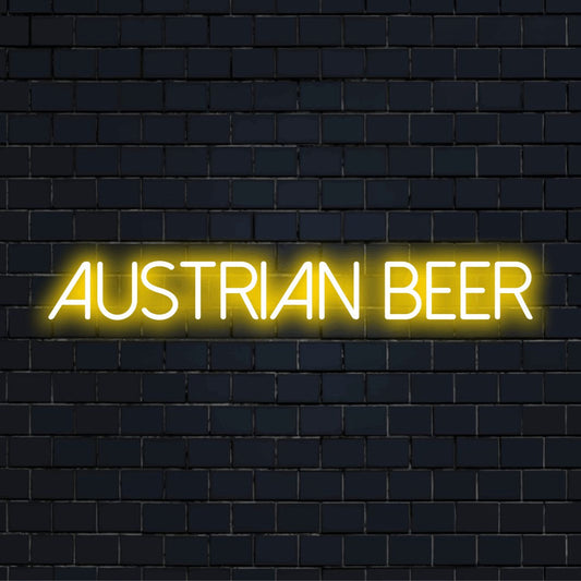 Austrian Beer LED Neon Sign, glowing neon text against brick backdrop