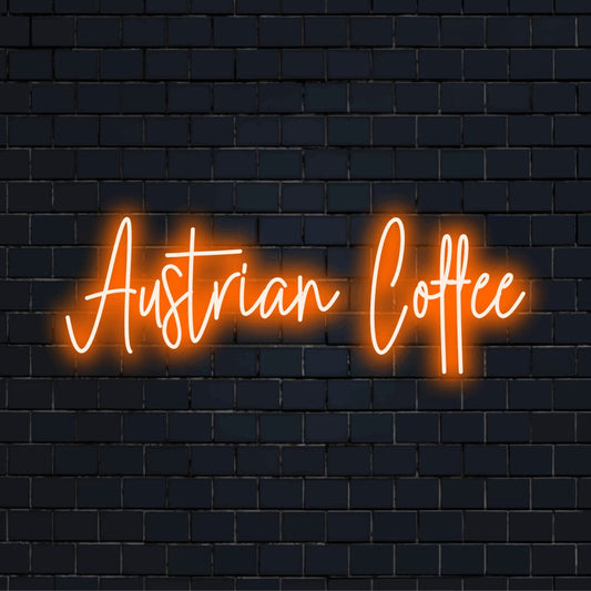 Austrian Coffee Neon Sign, bright neon glow against black brick wall