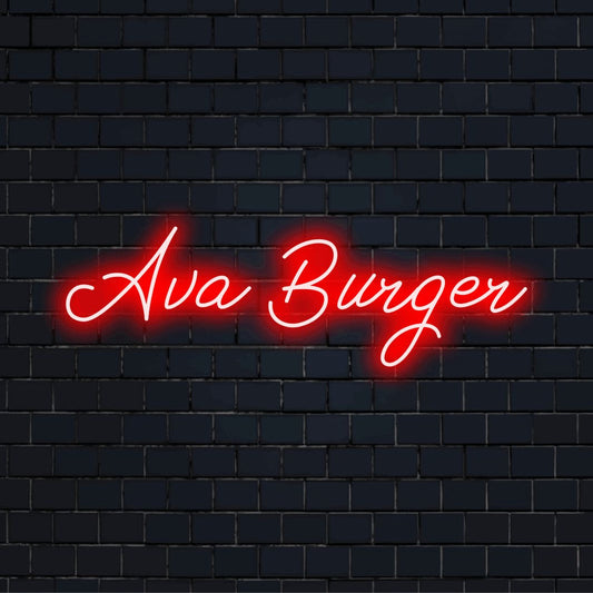 Ava Burger Personalized LED Neon Sign, glowing wall decor on dark brick wall