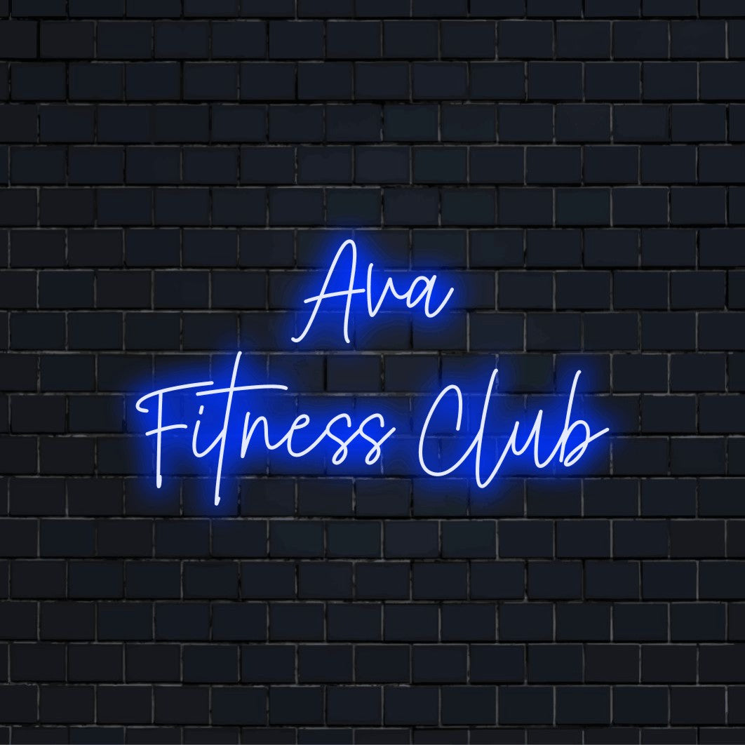 Ava Fitness Club Custom Name Neon Sign, glowing neon text against black brick wall