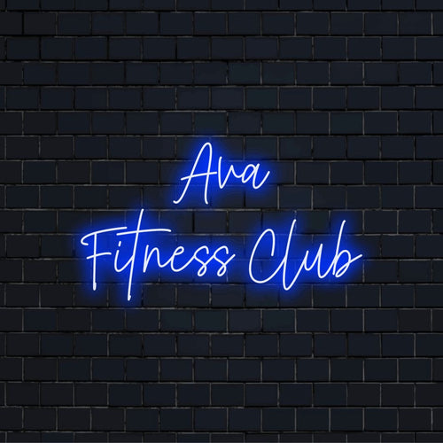 Ava Fitness Club Custom Name Neon Sign, glowing neon text against black brick wall