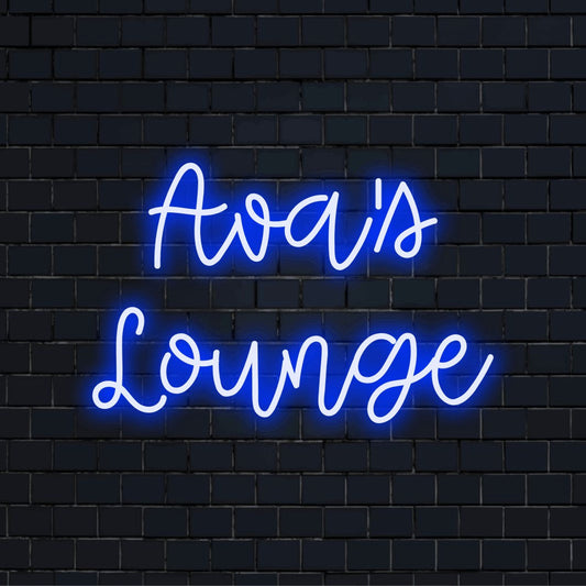 Ava_s Lounge Personalized LED Neon Sign, bright neon glow on dark brick wall