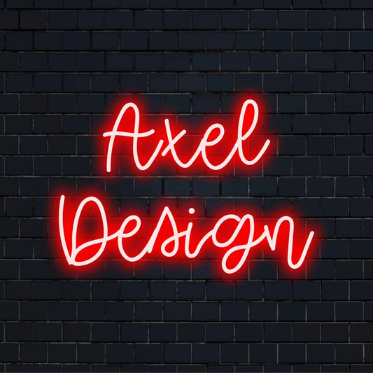 Axel Design Personalized LED Neon Sign, bright neon lettering against black brick wall