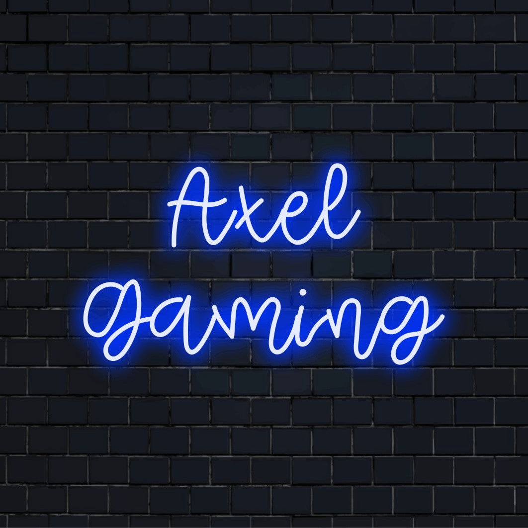 Axel Gaming Custom Name Neon Sign, soft neon glow against brick backdrop