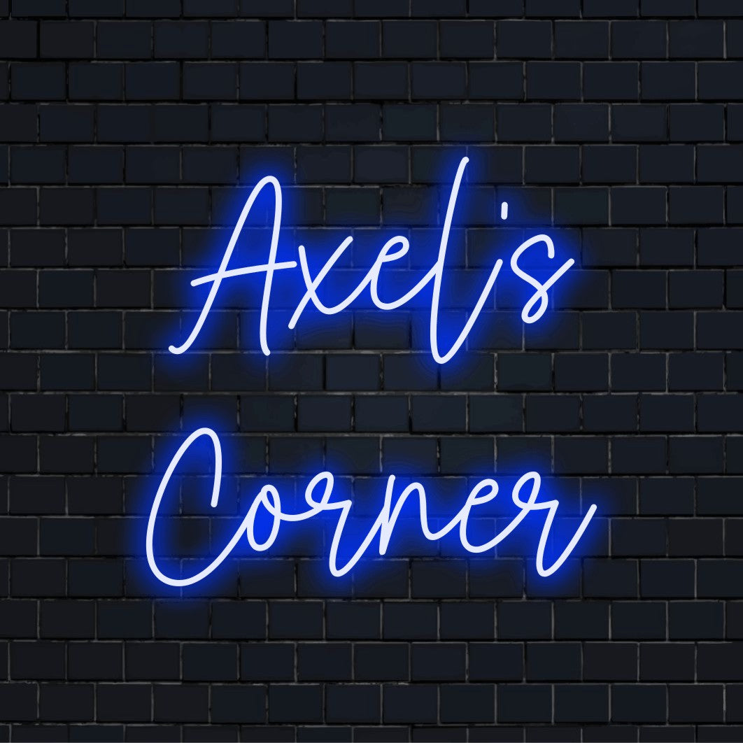 Axel_s Corner Personalized Neon Light with soft neon glow against black brick wall