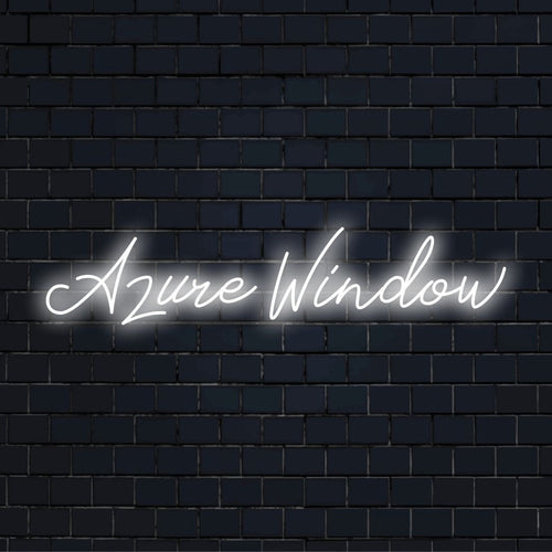 Azure Window Neon Sign, glowing neon text on dark brick wall