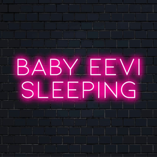 Baby Eevi Sleeping Custom Name Neon Sign, glowing wall decor on dark brick background