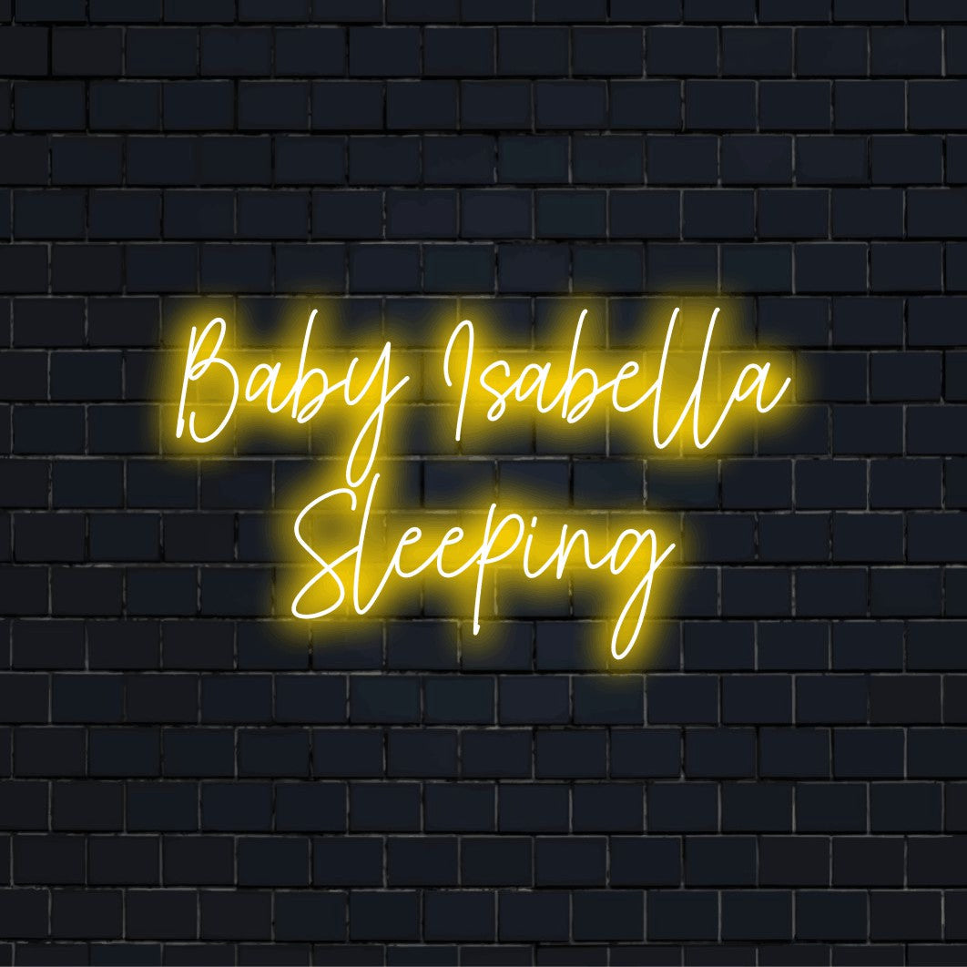 Baby Isabella Sleeping Personalized Neon Light with glowing wall decor on dark brick background