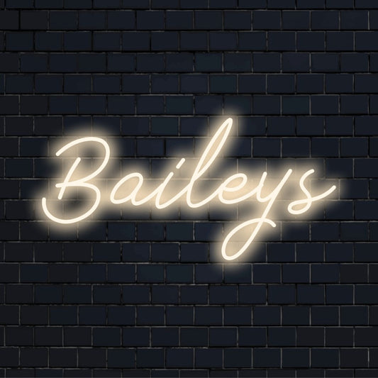 Baileys Neon Sign, soft neon glow on black brick background