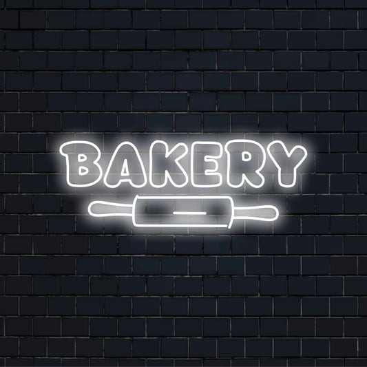 Bakery Neon Light with soft neon glow on dark brick background