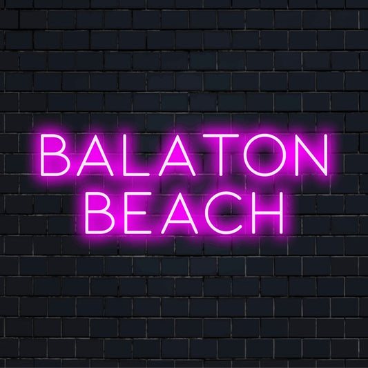 Balaton Beach Neon Sign, bright LED glow against brick backdrop