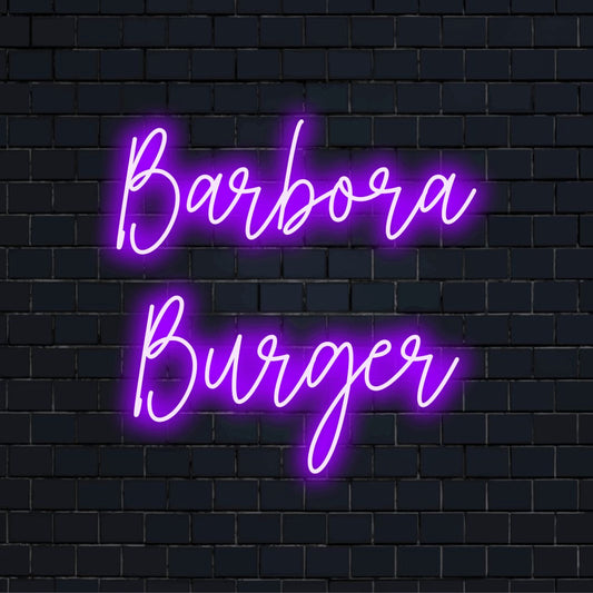 Barbora Burger Custom Name Neon Sign, bright LED glow against black brick wall