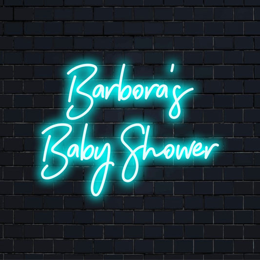 Barbora_s Baby Shower Personalized Neon Light with glowing neon text against brick backdrop