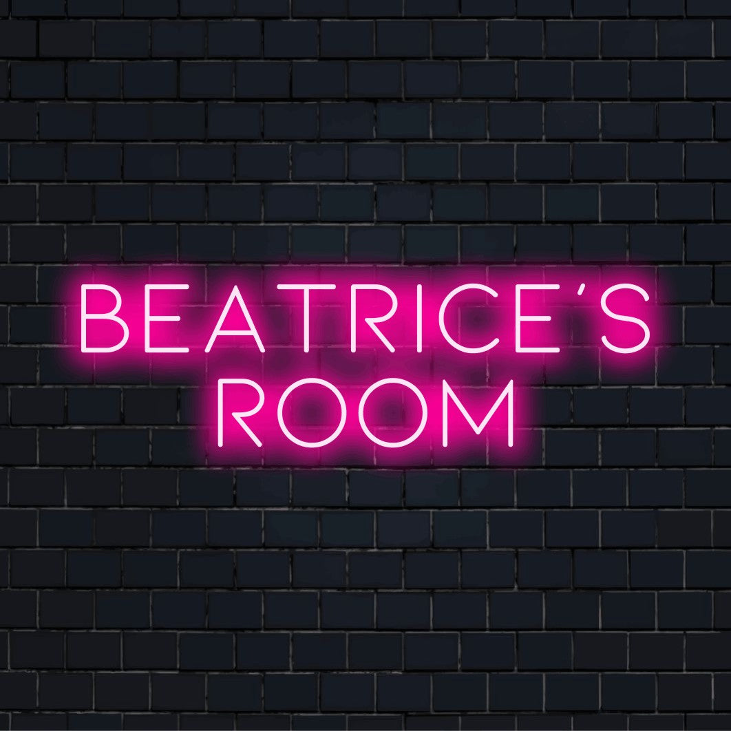 Beatrice_s Room Custom Name Neon Sign, bright LED glow on dark brick wall