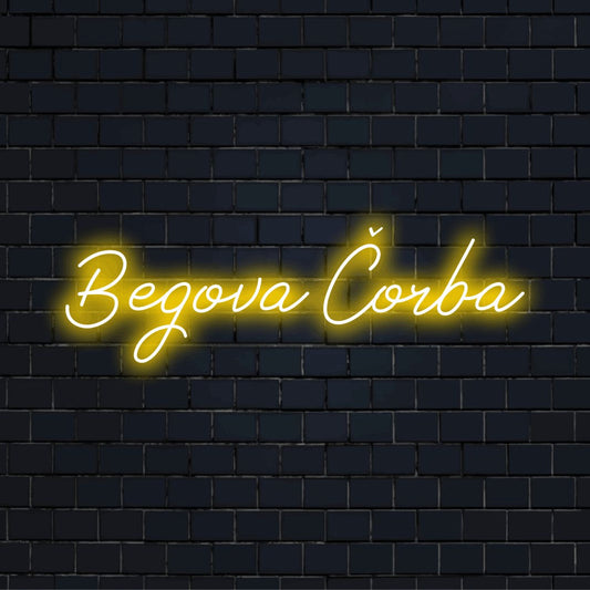 Begova Orba LED Neon Sign, bright LED glow on dark brick background