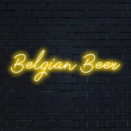 Belgian Beer Neon Sign, glowing neon text against black brick wall