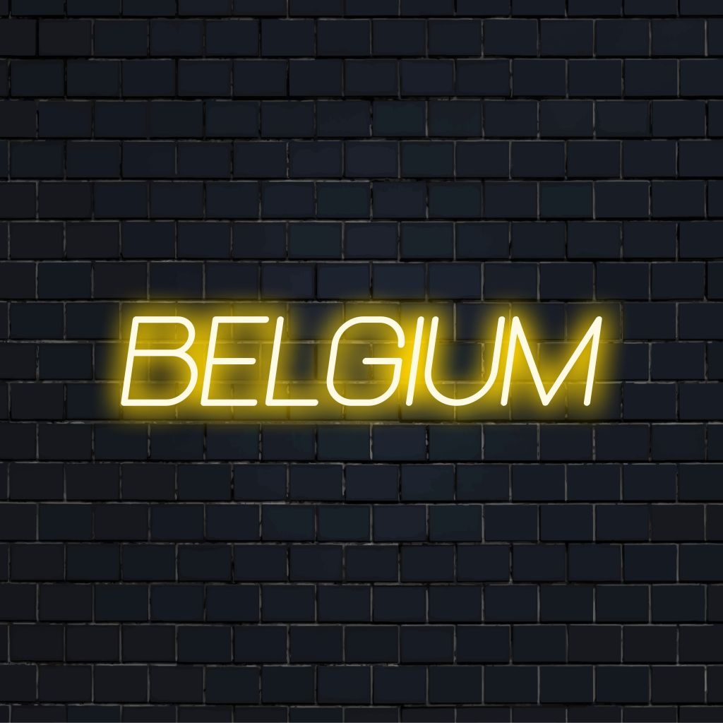 Belgium Neon Sign, glowing neon text on black brick background