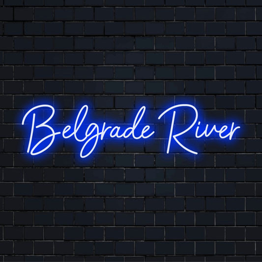 Belgrade River Neon Sign, soft neon glow against black brick wall