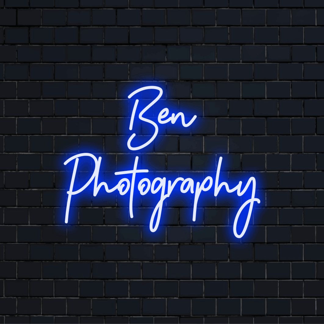 Ben Photography Personalized LED Neon Sign, soft neon glow against black brick wall