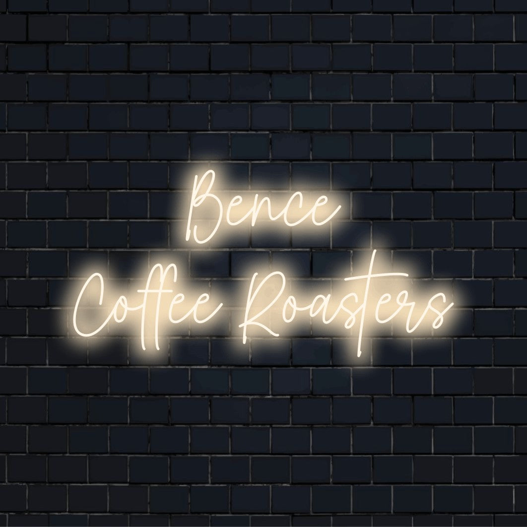 Bence Coffee Roasters Personalized LED Neon Sign, neon text light on dark brick background
