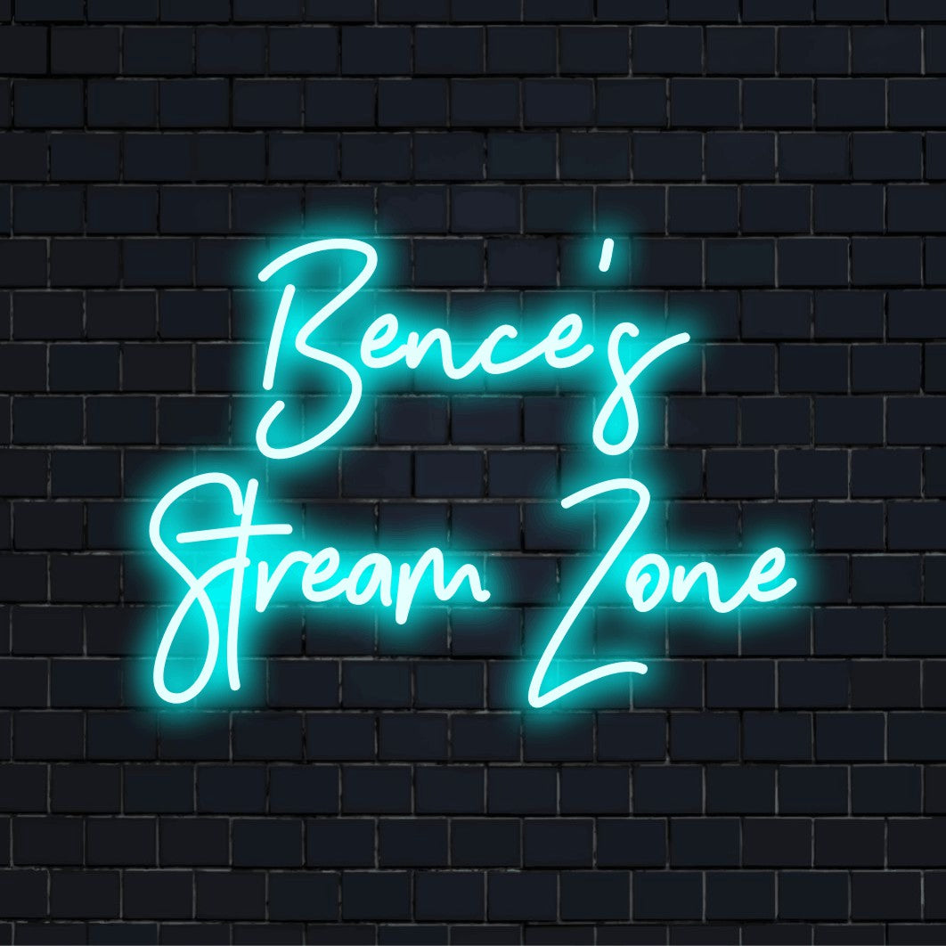 Bence_s Stream Zone Custom Name Neon Sign, soft neon glow against black brick wall