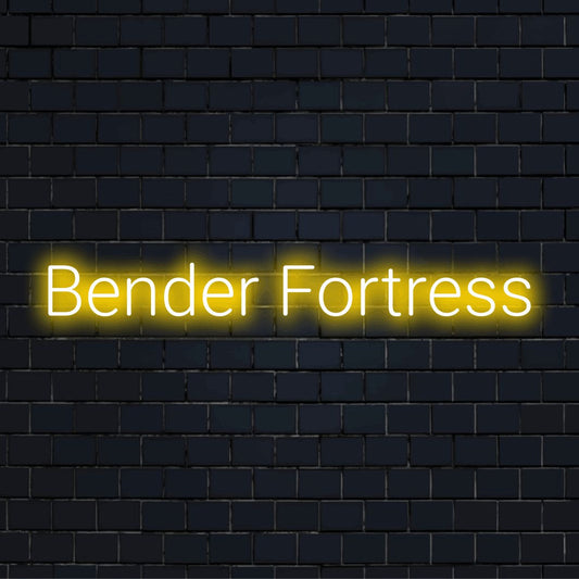 Bender Fortress Neon Light with glowing lettering against black brick wall