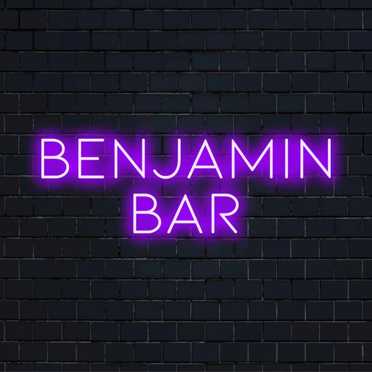 Benjamin Bar Personalized Neon Light with glowing neon text against brick backdrop
