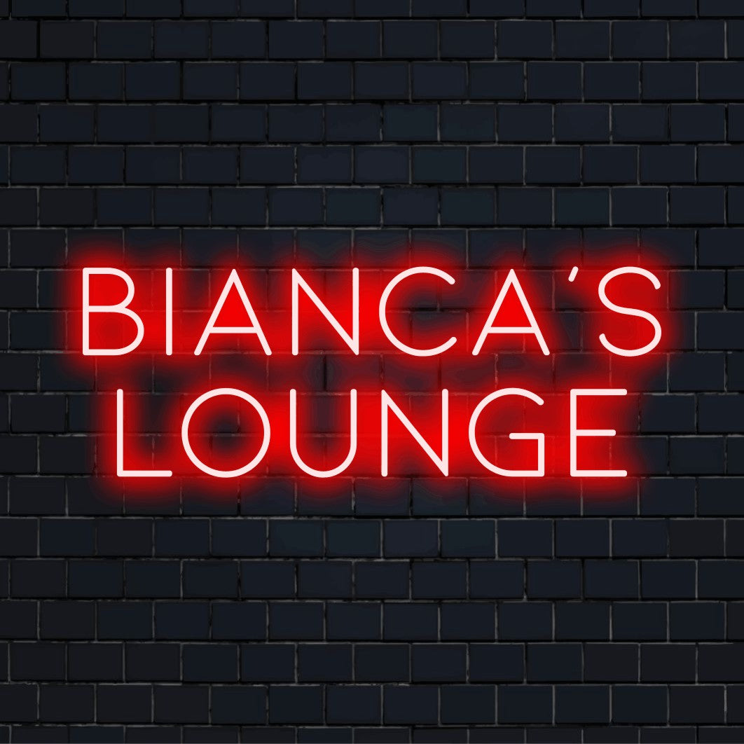 Bianca_s Lounge Custom Name Neon Sign, glowing neon text on dark brick wall