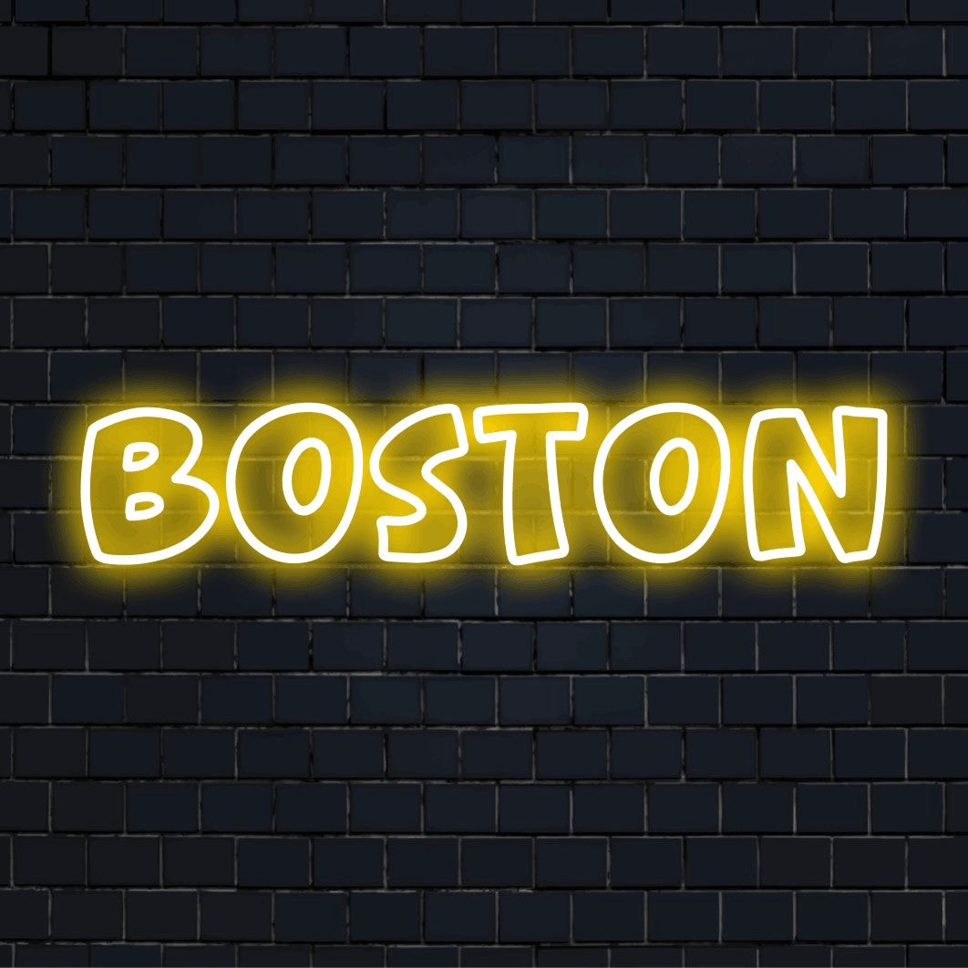 Boston LED Neon Sign, neon text light on dark brick wall