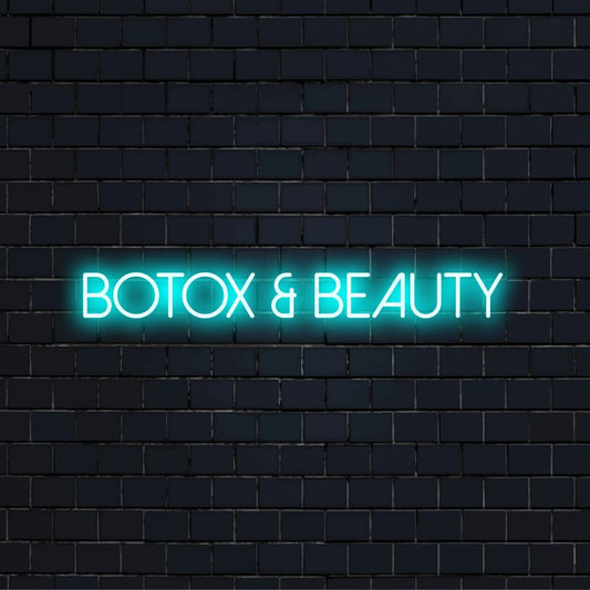 Botox Beauty LED Neon Sign, bright neon lettering against black brick wall
