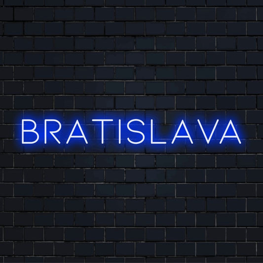 Bratislava LED Neon Sign, neon text light on black brick background