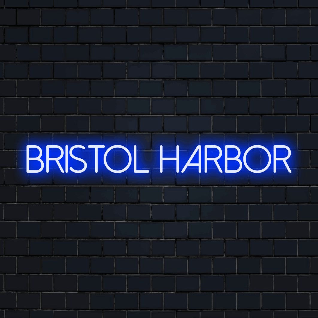 Bristol Harbor LED Neon Sign, soft neon glow on dark brick background
