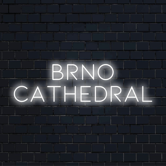Brno Cathedral LED Neon Sign, neon text light on dark brick background