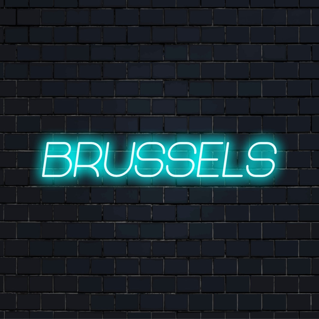 Brussels LED Neon Sign, glowing wall decor on dark brick wall