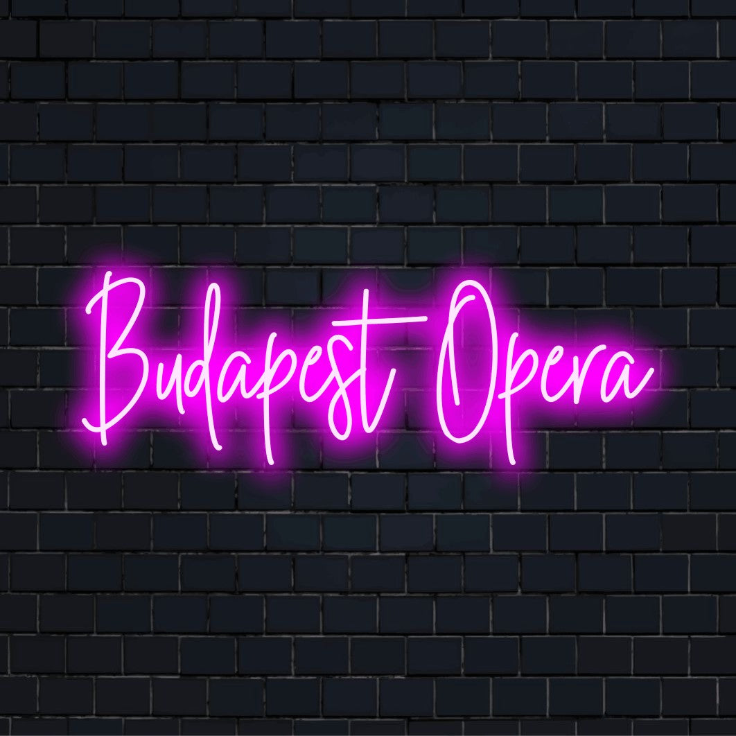 Budapest Opera LED Neon Sign, bright neon lettering on dark brick background