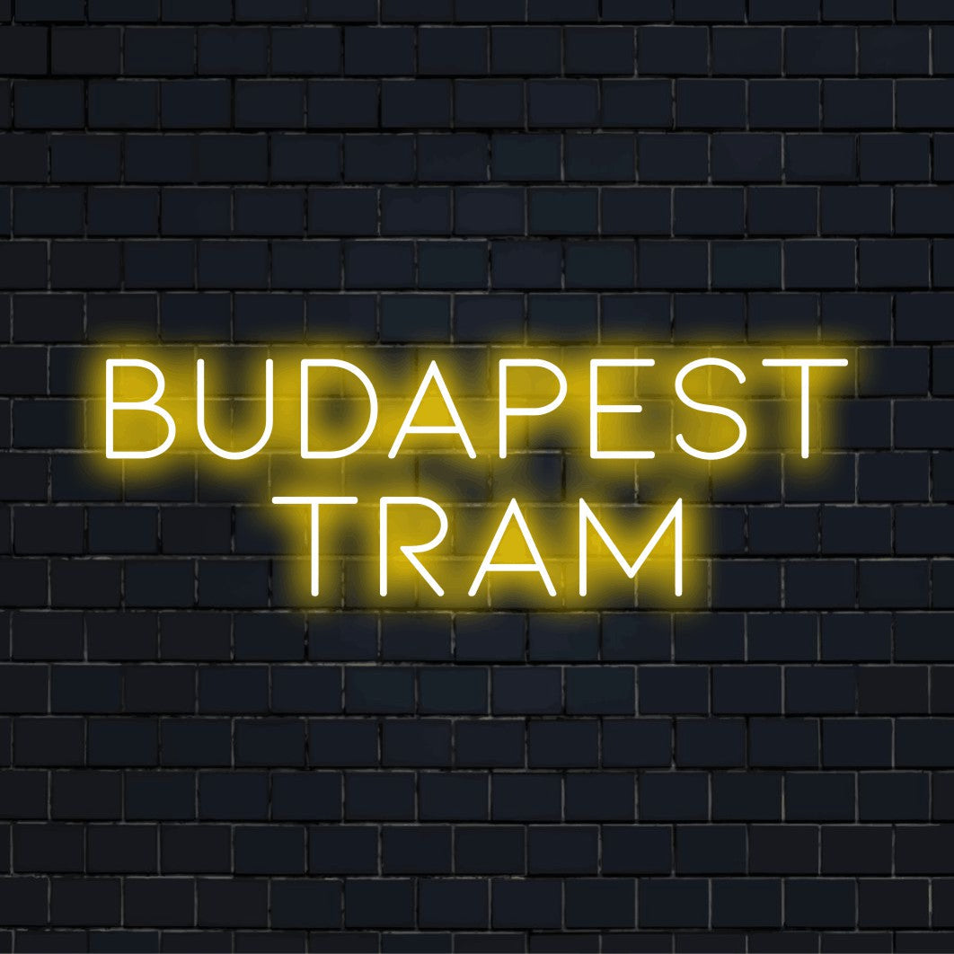 Budapest Tram LED Neon Sign, glowing wall decor on dark brick background
