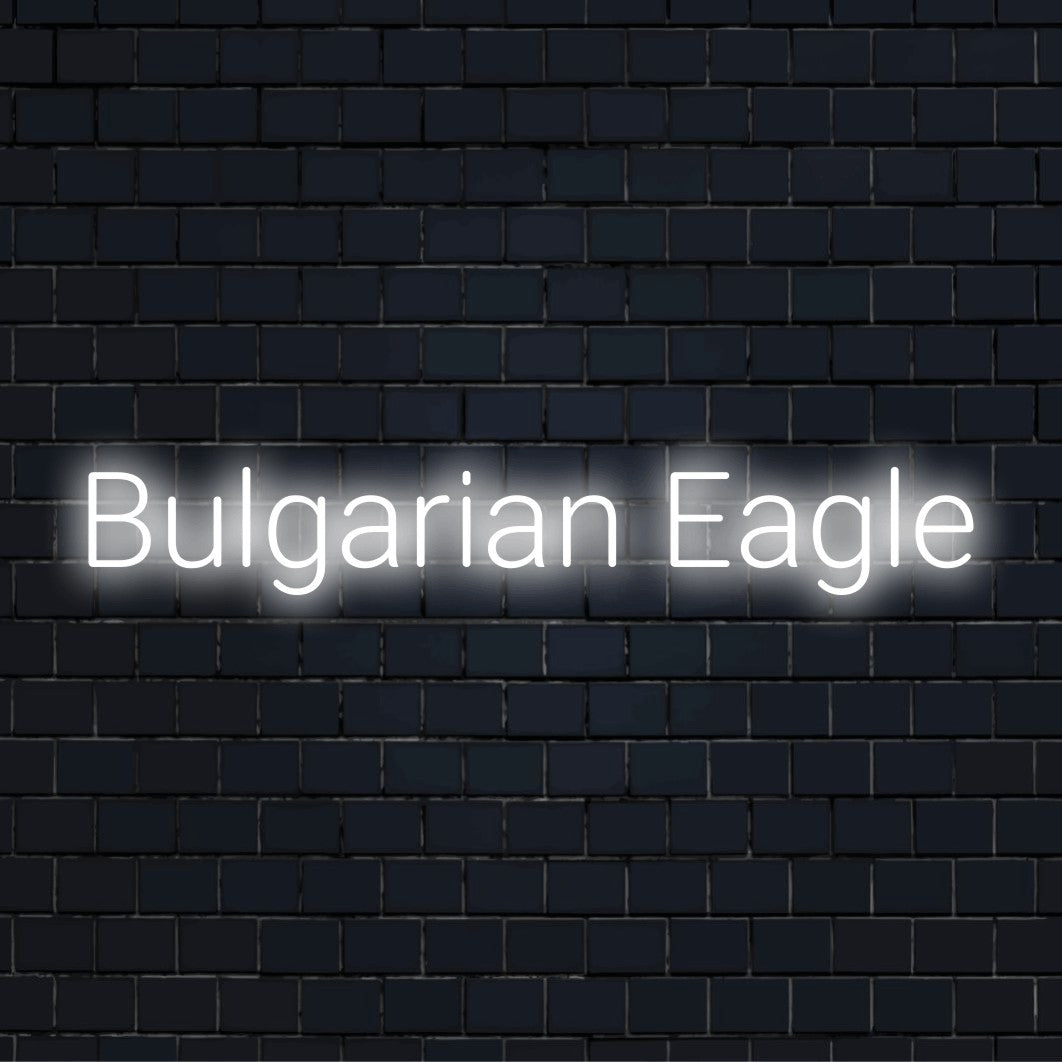 Bulgarian Eagle LED Neon Sign, neon text light against black brick wall