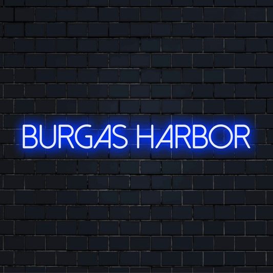 Burgas Harbor Neon Sign, glowing lettering on black brick background