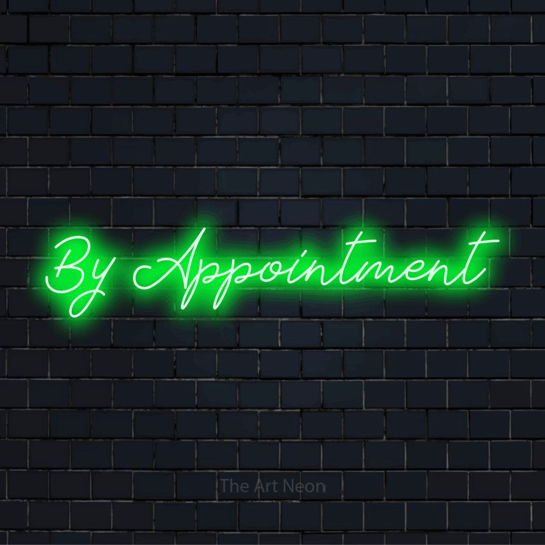 "By Appointment" text design with neon effect on a black brick wall