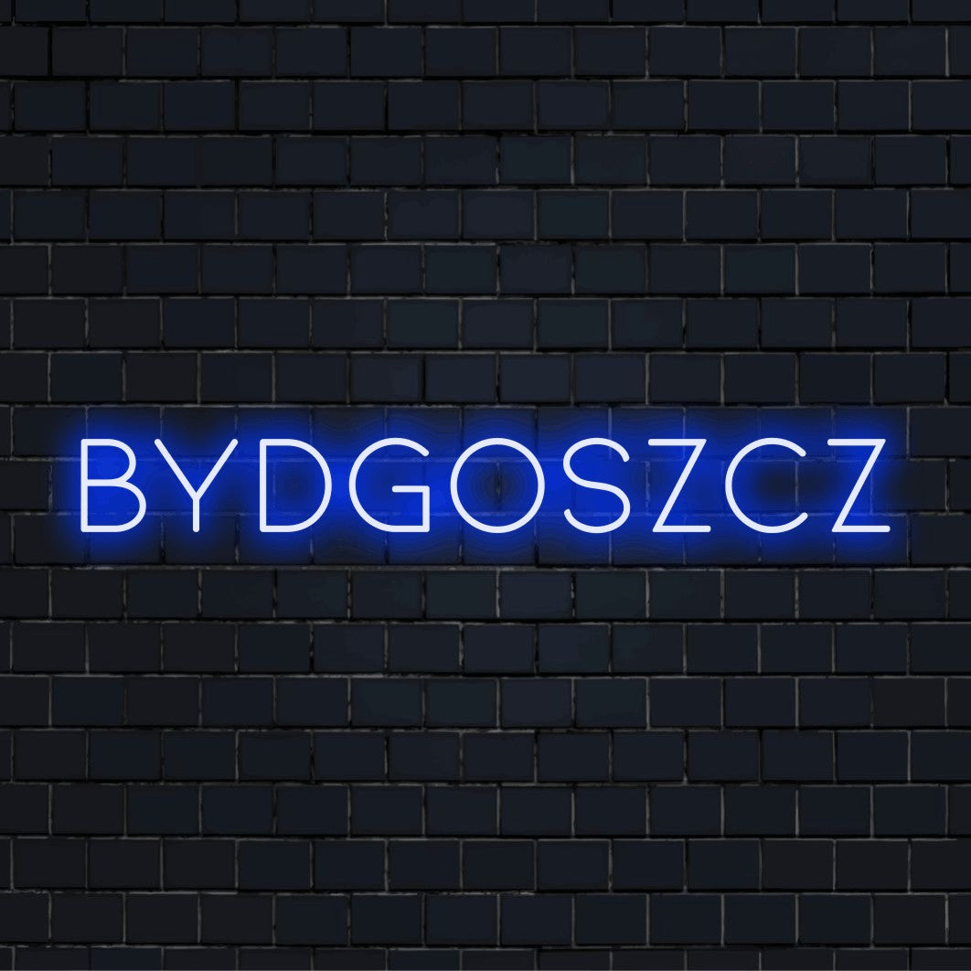 Bydgoszcz LED Neon Sign, neon text light against black brick wall