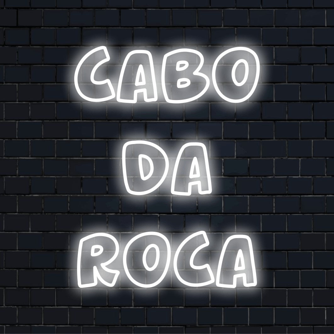 Cabo Da Roca Neon Sign, bright LED glow on black brick background